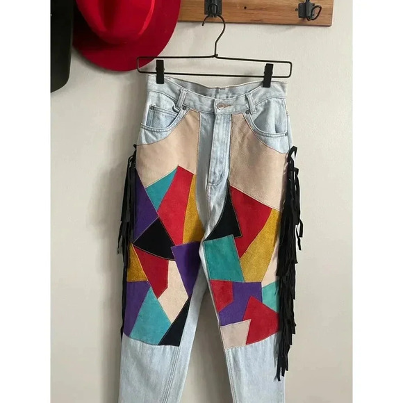 Vintage Deadstock Seruchi Suede and Leather Fringe High Waisted Jeans - Picture 2 of 5